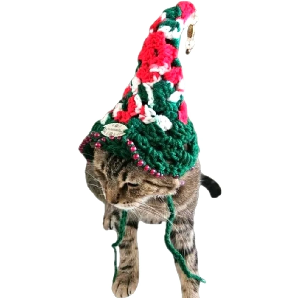 Handmade Christmas Santa Hat for Pets Hand Knit Crochet Hat for Cats Dogs Granny